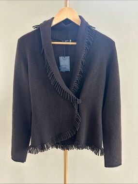 Magaschoni 100% Cashmere Wrap Sweater Brown Fringe Shawl Collar M BNWT